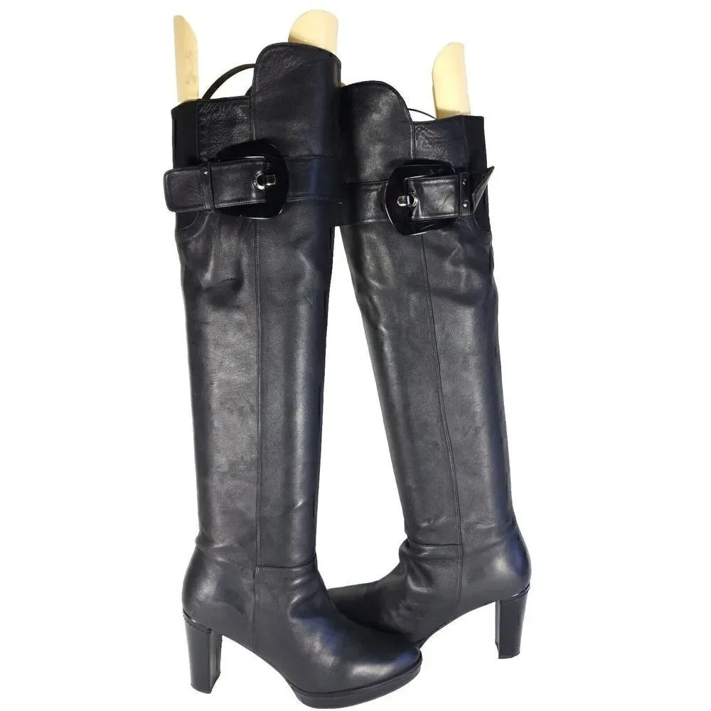 Stuart Weitzman Women's US7,5-8 Black Leather Buckle Heel PullOn Over Knee Boots